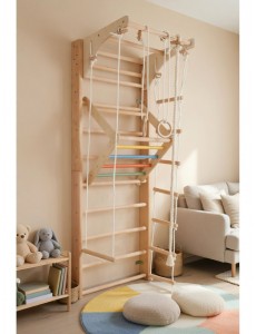Échelle murale en bois avec barre supérieure mobile et accessoires
